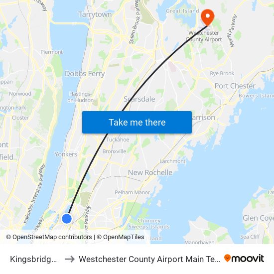 Kingsbridge Rd to Westchester County Airport Main Terminal map