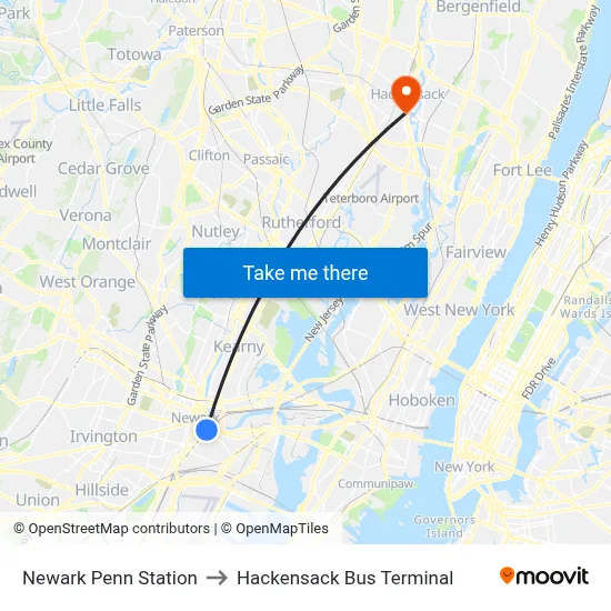 Newark Penn Station to Hackensack Bus Terminal map