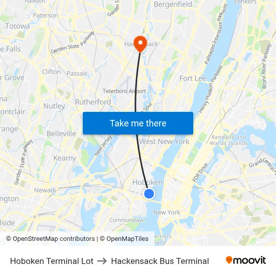 Hoboken Terminal Lot to Hackensack Bus Terminal map