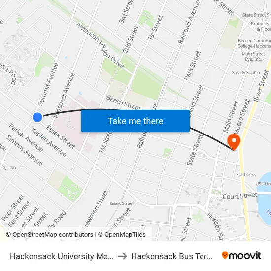 Hackensack University Med Ctr to Hackensack Bus Terminal map