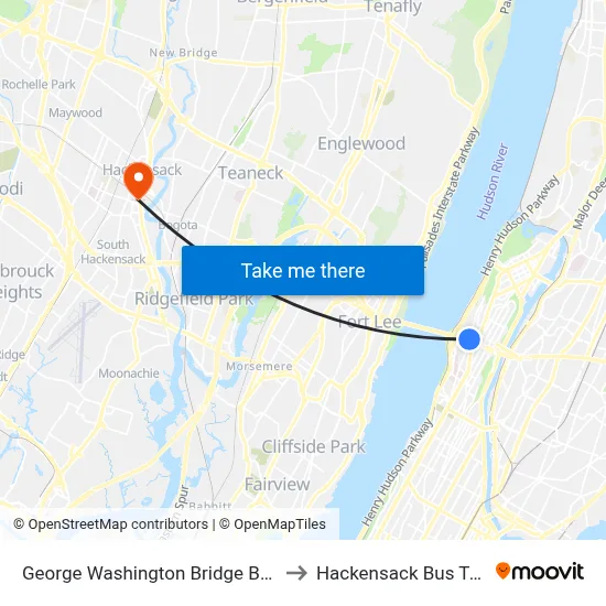 George Washington Bridge Bus Station to Hackensack Bus Terminal map