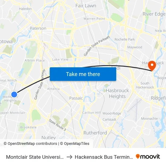 Montclair State University to Hackensack Bus Terminal map