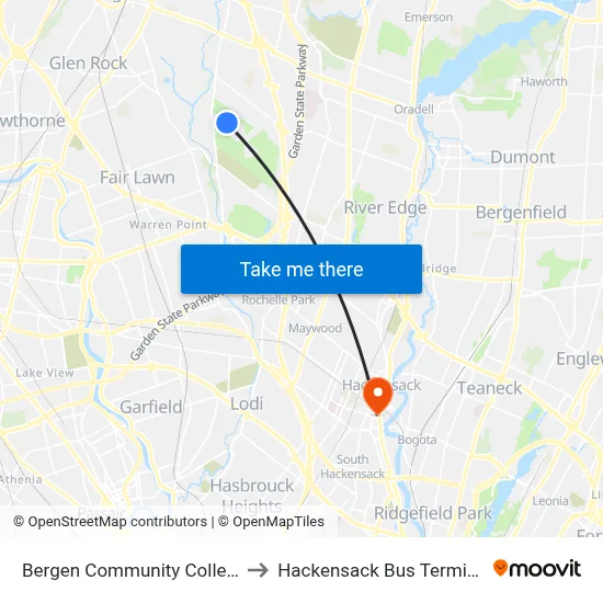 Bergen Community College to Hackensack Bus Terminal map