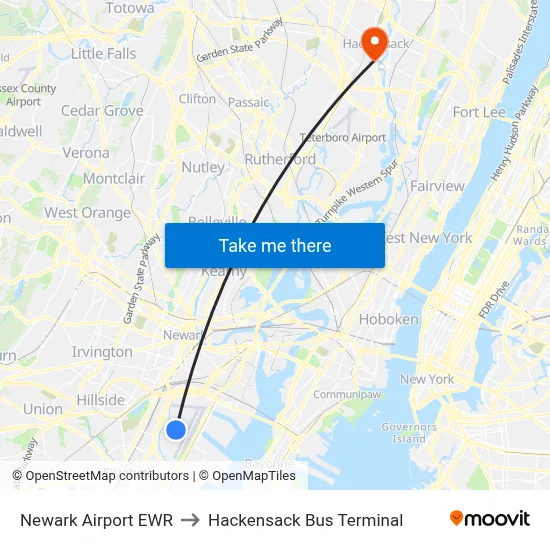 Newark Airport EWR to Hackensack Bus Terminal map