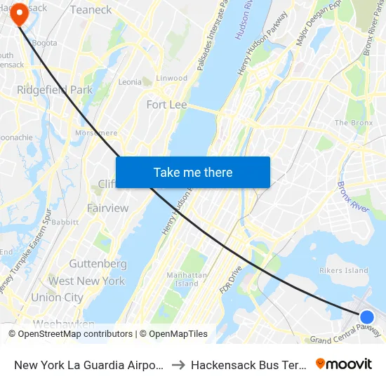 New York La Guardia Airport LGA to Hackensack Bus Terminal map
