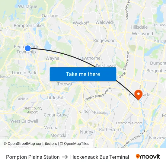 Pompton Plains Station to Hackensack Bus Terminal map