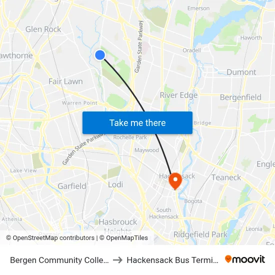 Bergen Community College to Hackensack Bus Terminal map