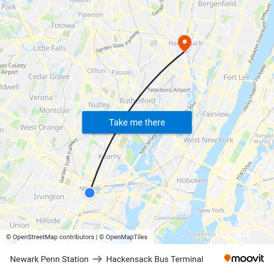 Newark Penn Station to Hackensack Bus Terminal map