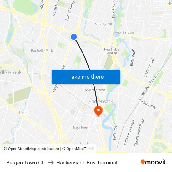 Bergen Town Ctr, Paramus, NJ 07652 to Hackensack Bus Terminal map