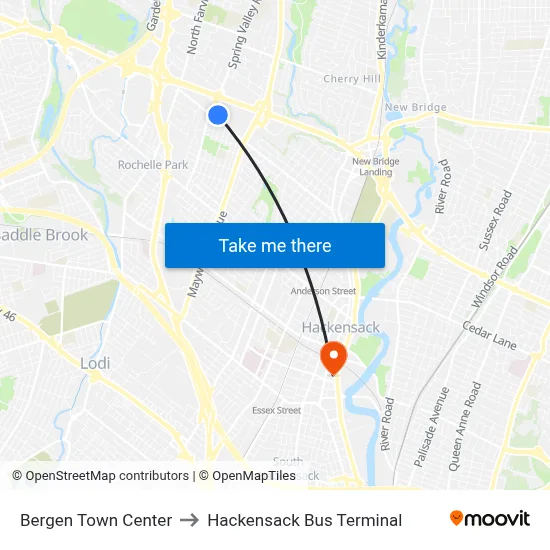 Bergen Town Center to Hackensack Bus Terminal map