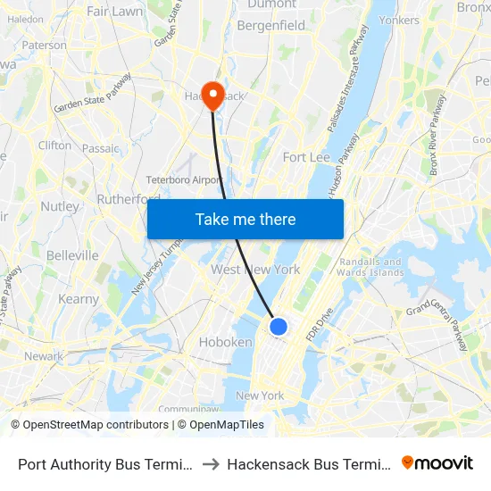 Port Authority Bus Terminal to Hackensack Bus Terminal map