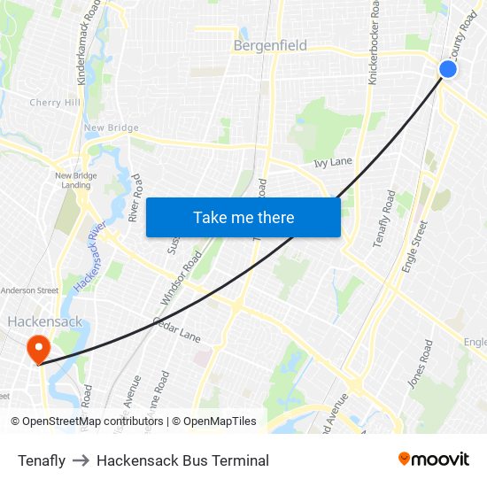 Tenafly to Hackensack Bus Terminal map