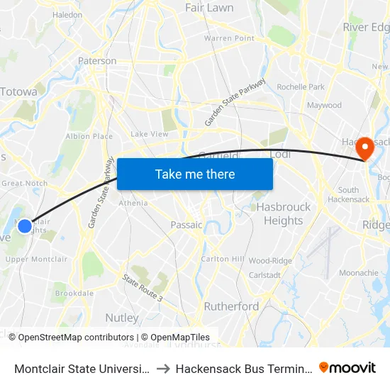 Montclair State University to Hackensack Bus Terminal map
