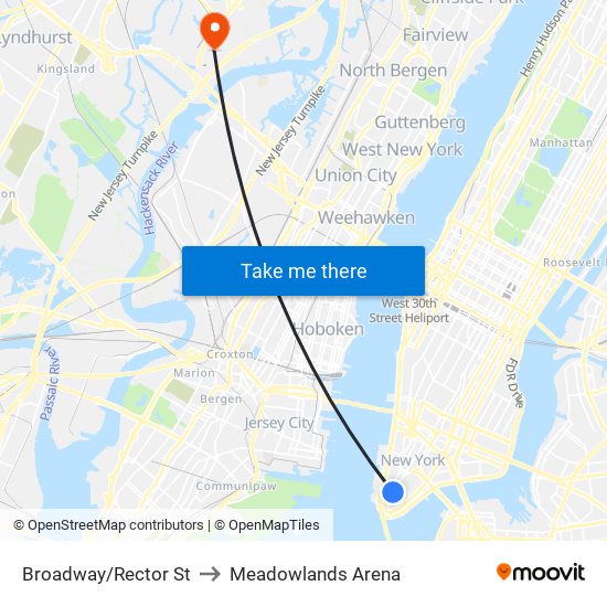 Broadway/Rector St to Meadowlands Arena map