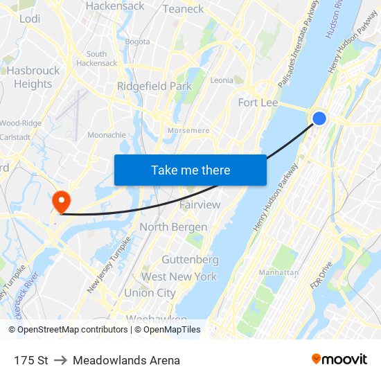 175 St to Meadowlands Arena map