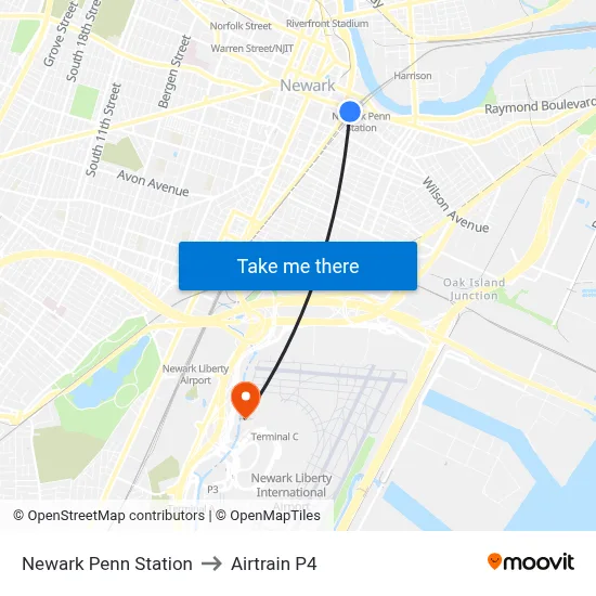 Newark Penn Station to Airtrain P4 map