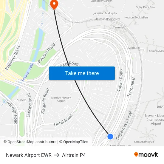 Newark Airport EWR to Airtrain P4 map