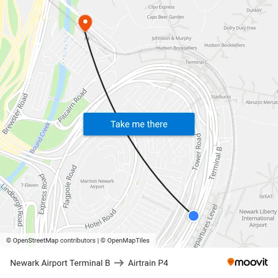 Newark Airport Terminal B to Airtrain P4 map
