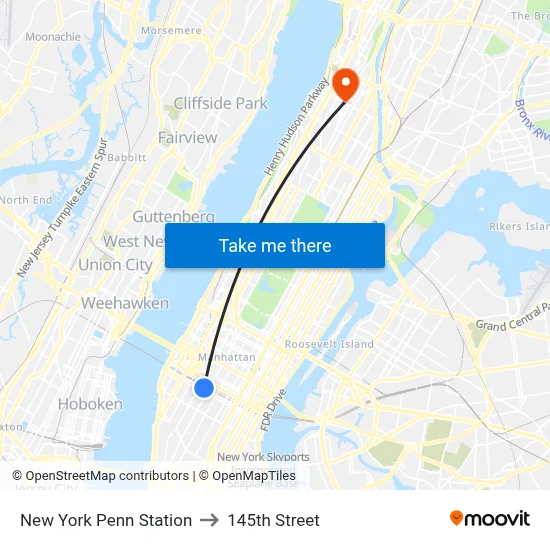 New York Penn Station to 145th Street map