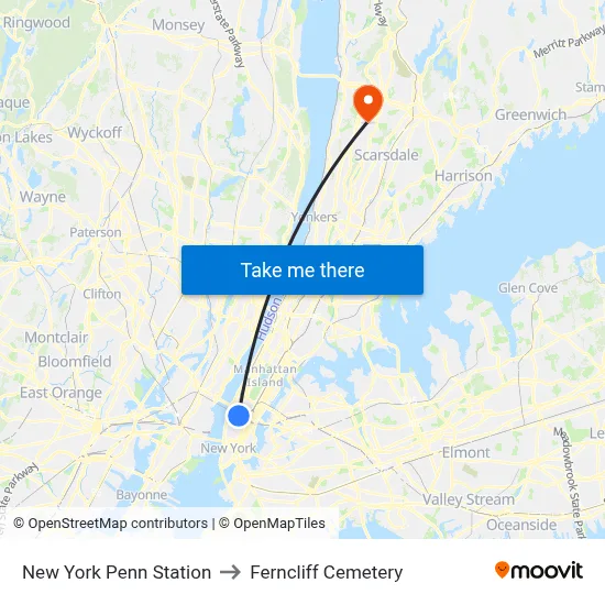 New York Penn Station to Ferncliff Cemetery map