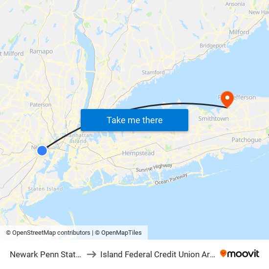 Newark Penn Station to Island Federal Credit Union Arena map