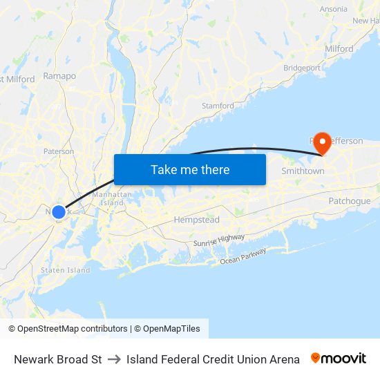 Newark Broad St to Island Federal Credit Union Arena map