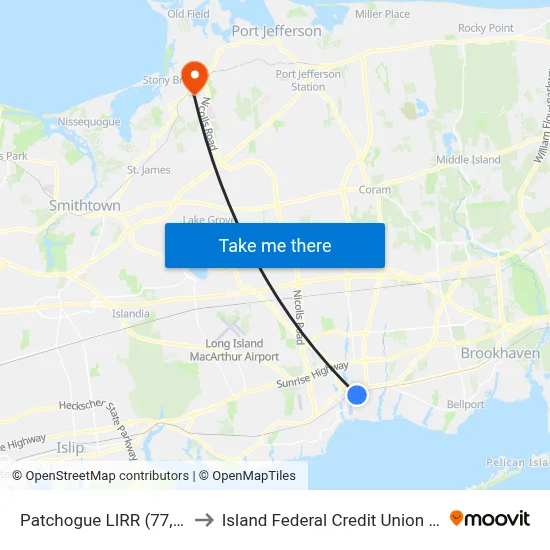 Patchogue LIRR (77, 77y) to Island Federal Credit Union Arena map