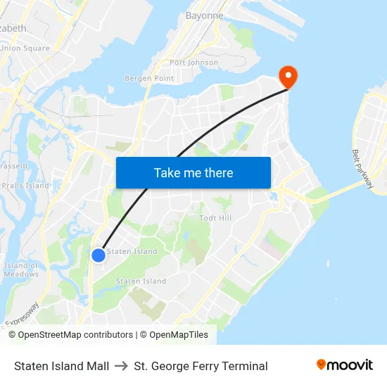 Staten Island Mall to St. George Ferry Terminal map