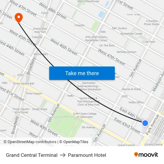 Grand Central Terminal to Paramount Hotel map