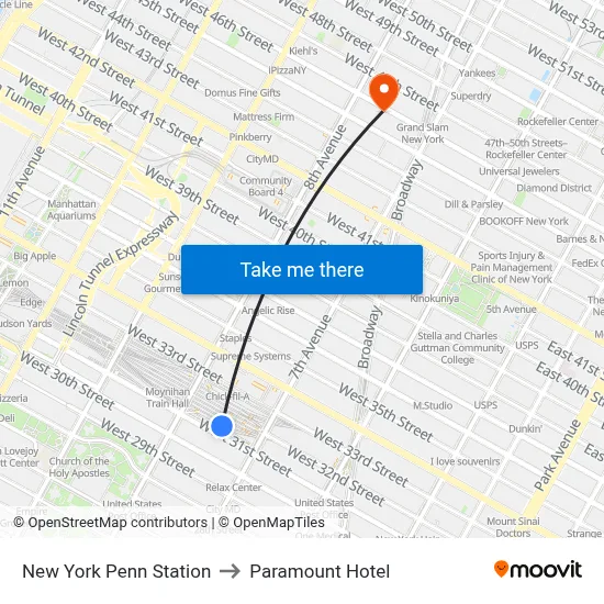 New York Penn Station to Paramount Hotel map