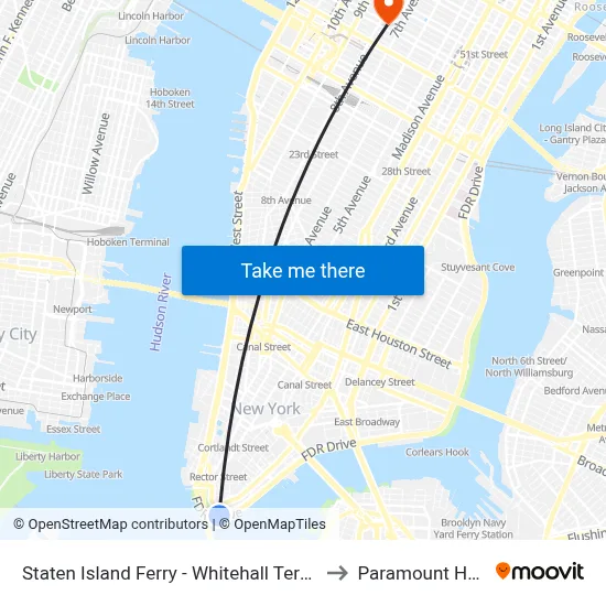 Staten Island Ferry - Whitehall Terminal to Paramount Hotel map