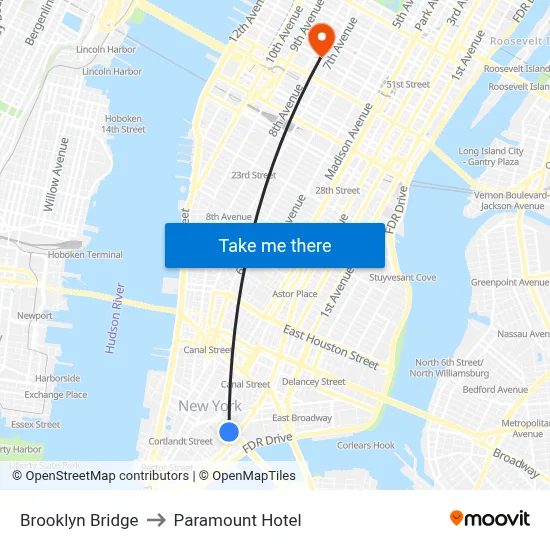 Brooklyn Bridge to Paramount Hotel map
