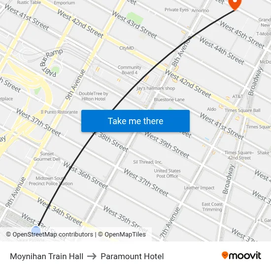 Moynihan Train Hall to Paramount Hotel map