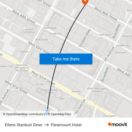 Ellens Stardust Diner to Paramount Hotel map