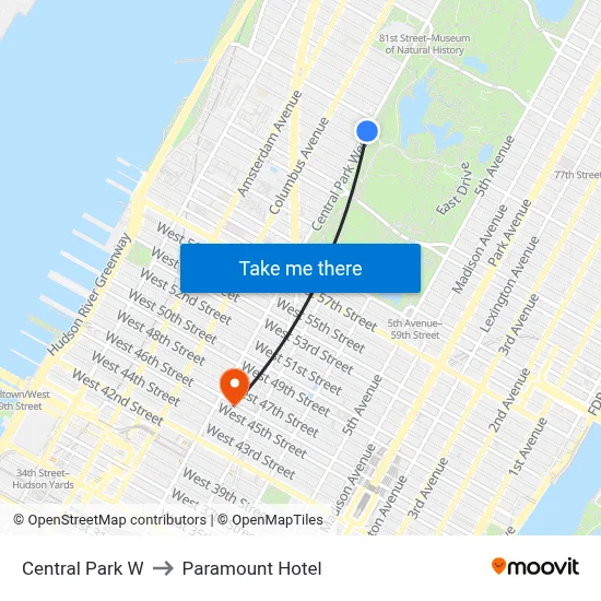 Central Park W, New York, NY 10023 to Paramount Hotel map