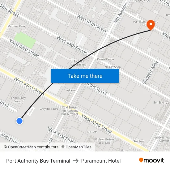 Port Authority Bus Terminal to Paramount Hotel map