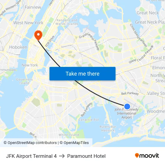 JFK Airport Terminal 4 to Paramount Hotel map