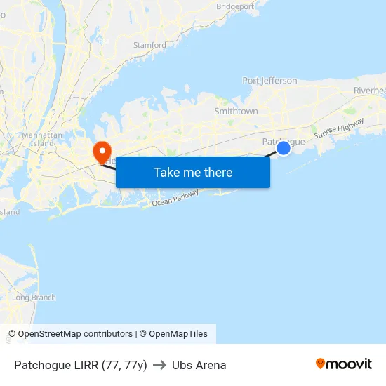 Patchogue LIRR (77, 77y) to Ubs Arena map
