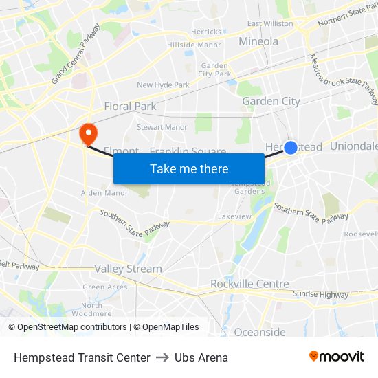 Hempstead Transit Center to Ubs Arena map