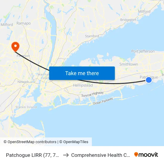 Patchogue LIRR (77, 77y) to Comprehensive Health Care map