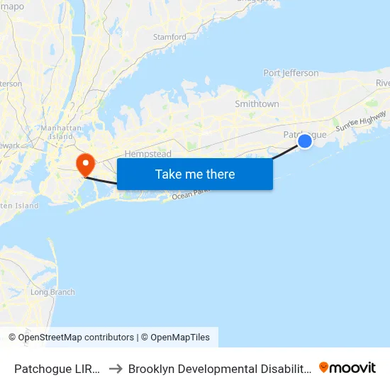 Patchogue LIRR (77, 77y) to Brooklyn Developmental Disabilities Services Offices map