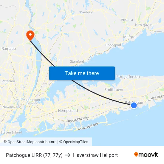 Patchogue LIRR (77, 77y) to Haverstraw Heliport map