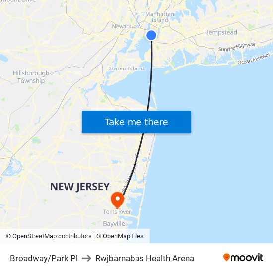 Broadway/Park Pl to Rwjbarnabas Health Arena map