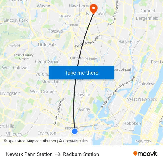 Newark Penn Station to Radburn Station map