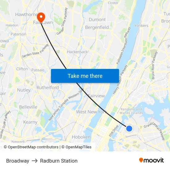 Broadway to Radburn Station map