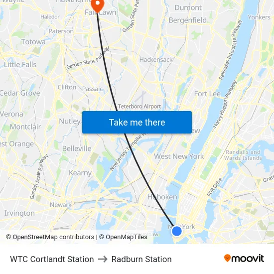WTC Cortlandt Station to Radburn Station map