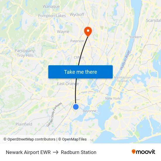 Newark Airport EWR to Radburn Station map