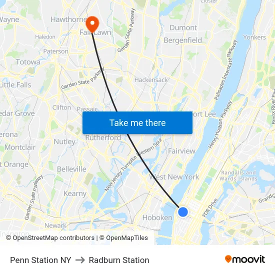 Penn Station NY to Radburn Station map