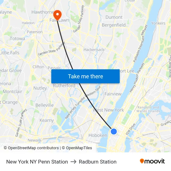 New York NY Penn Station to Radburn Station map