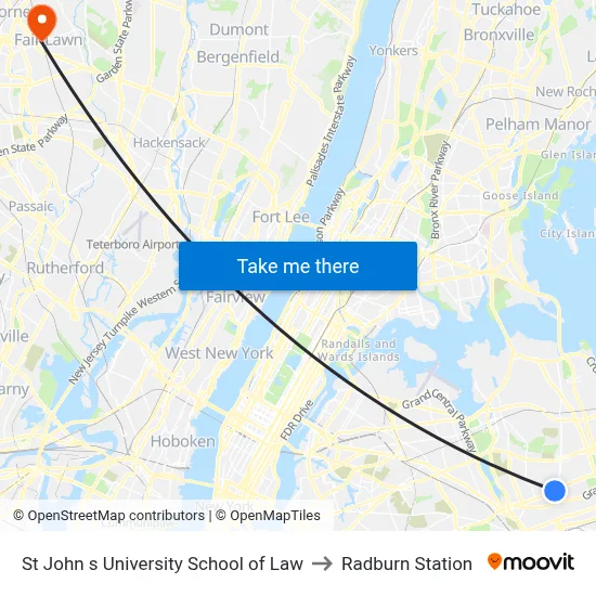 St John s University School of Law to Radburn Station map